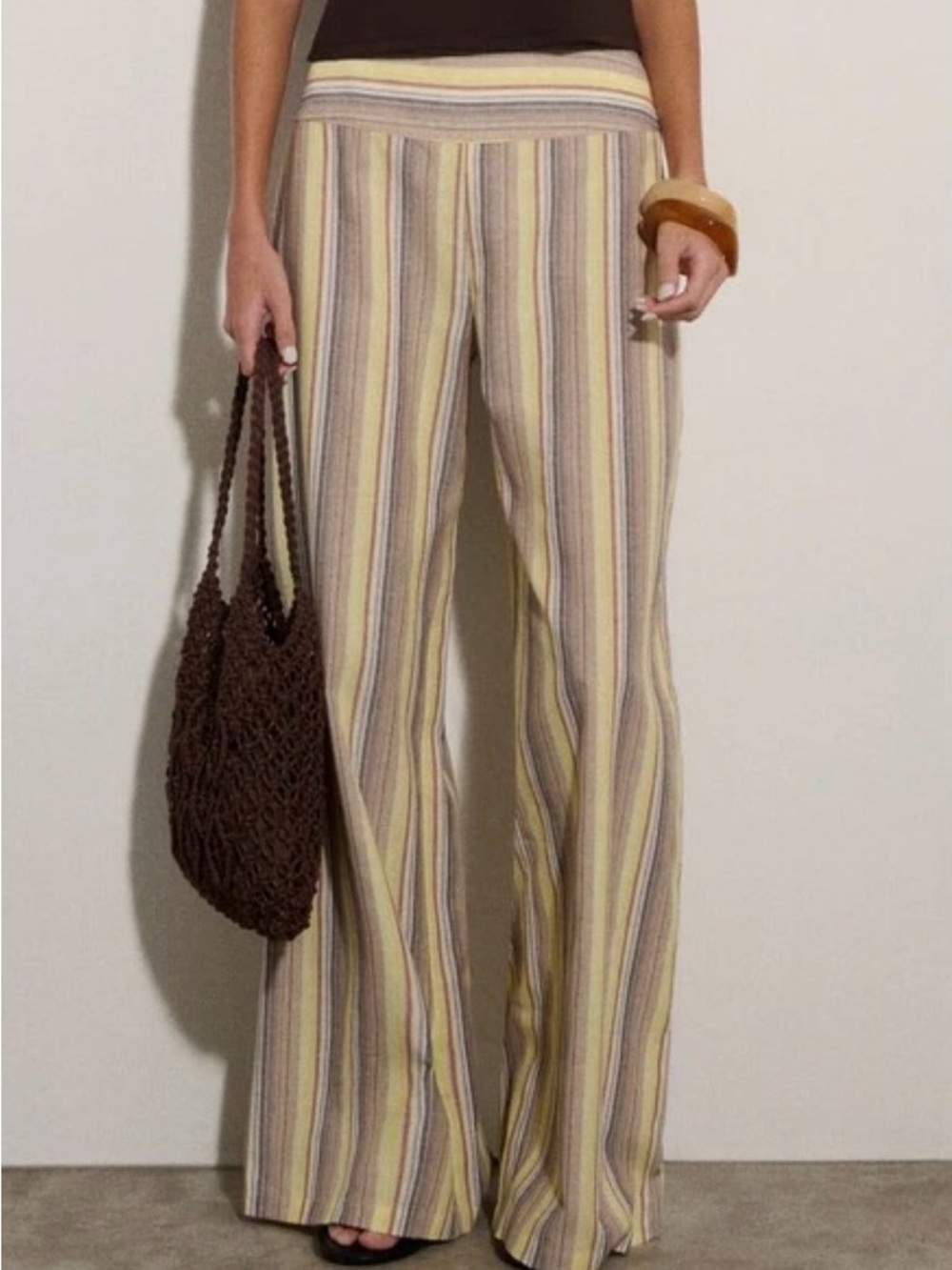 Striped Wide-Leg Knit Pants in Yellow and Taupe